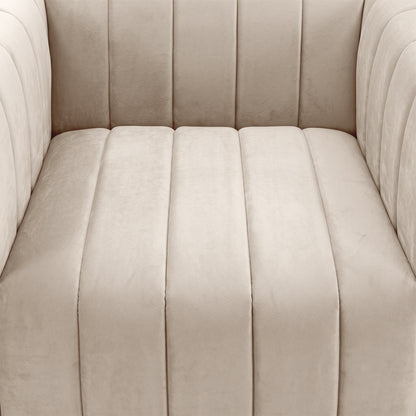 Close-up view of a beige upholstered chair showing seat, arms, and part of the backrest