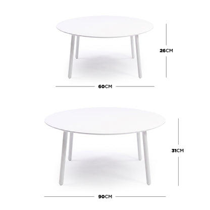 Two round nesting tables on white background with dimensions displayed