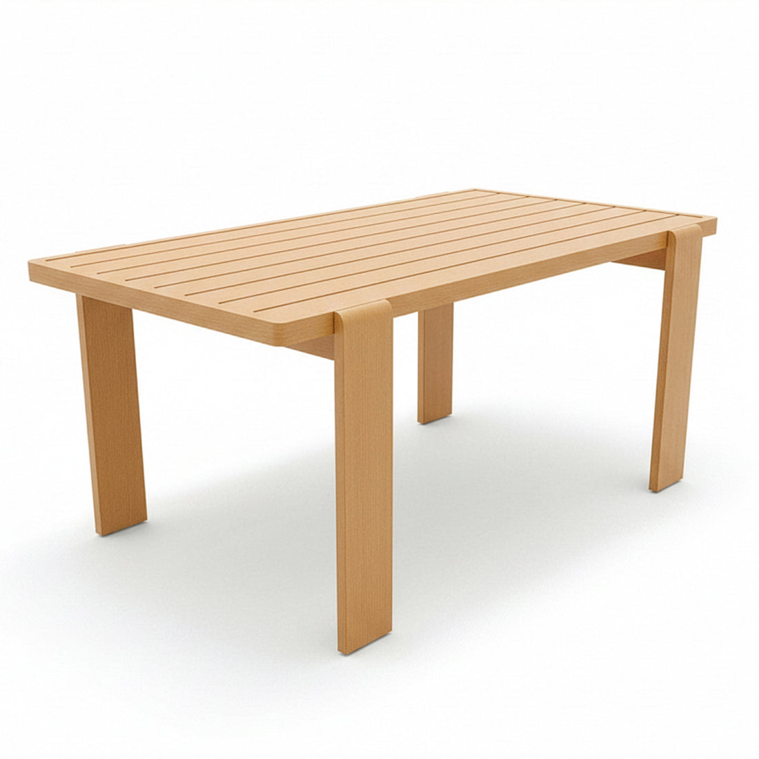 Positano 6 Seater Aluminium Outdoor Dining Set in White features a minimalist rectangular wooden-look table with slatted tabletop and four straight legs, designed for stylish, comfortable outdoor dining and casual use.