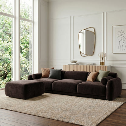 Modern dark brown sectional sofa and ottoman in elegant living room