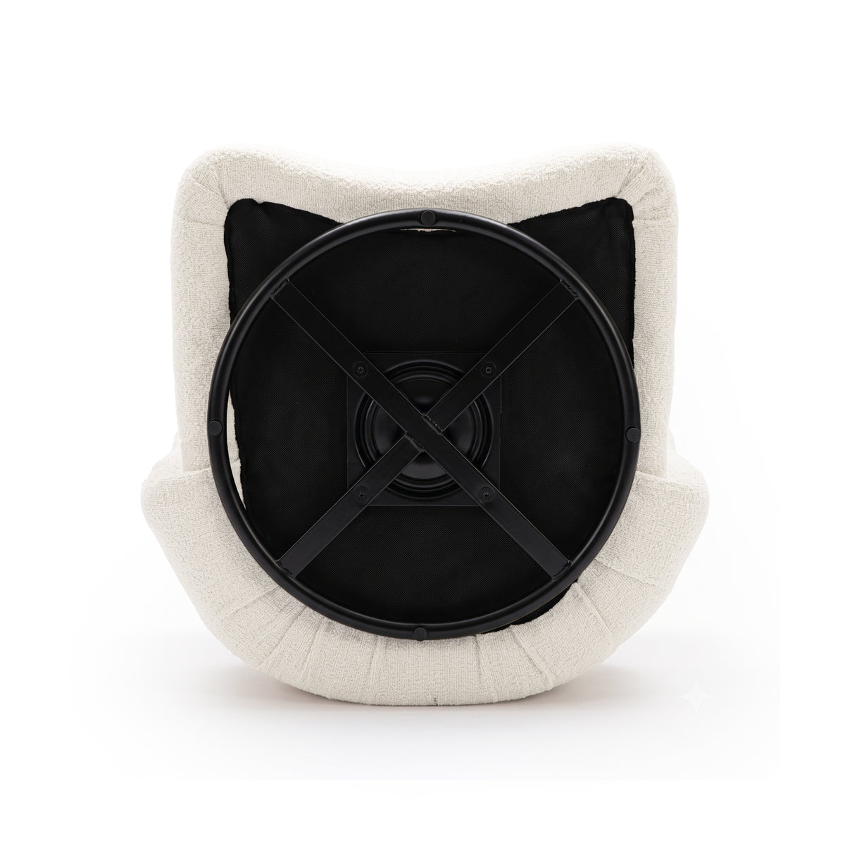 Underside view of a cream fuzzy chair base on a white background