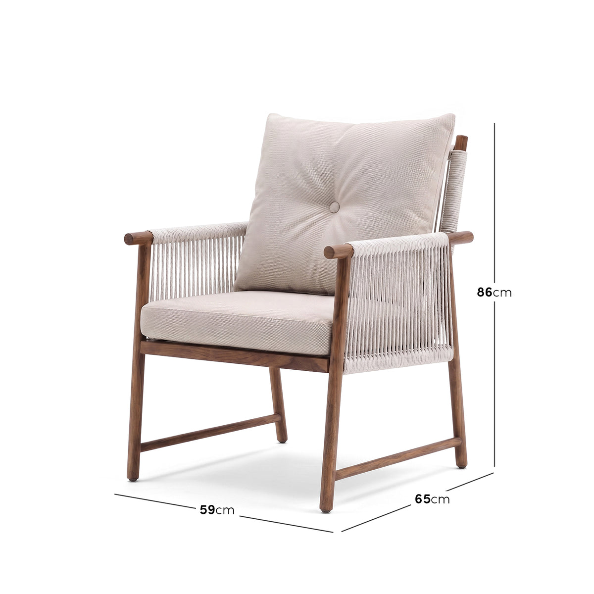 Modern armchair on white background with height, width, and depth measurements displayed