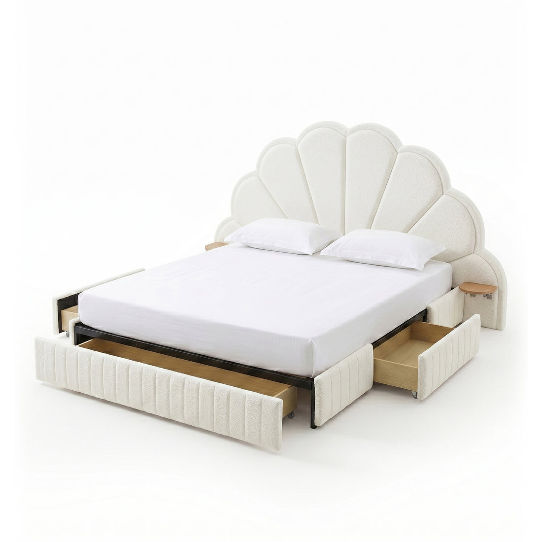 Upholstered bed with scallop headboard and open storage drawers on white background