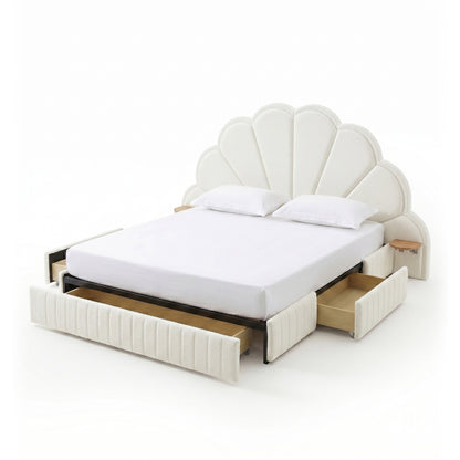Upholstered bed with scallop headboard and open storage drawers on white background