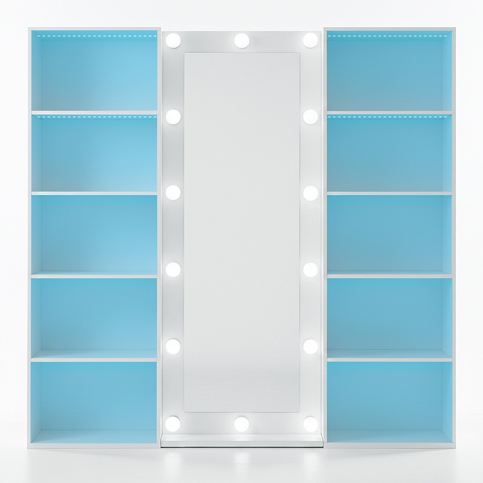 White vanity storage unit with central mirror and shelves on white background