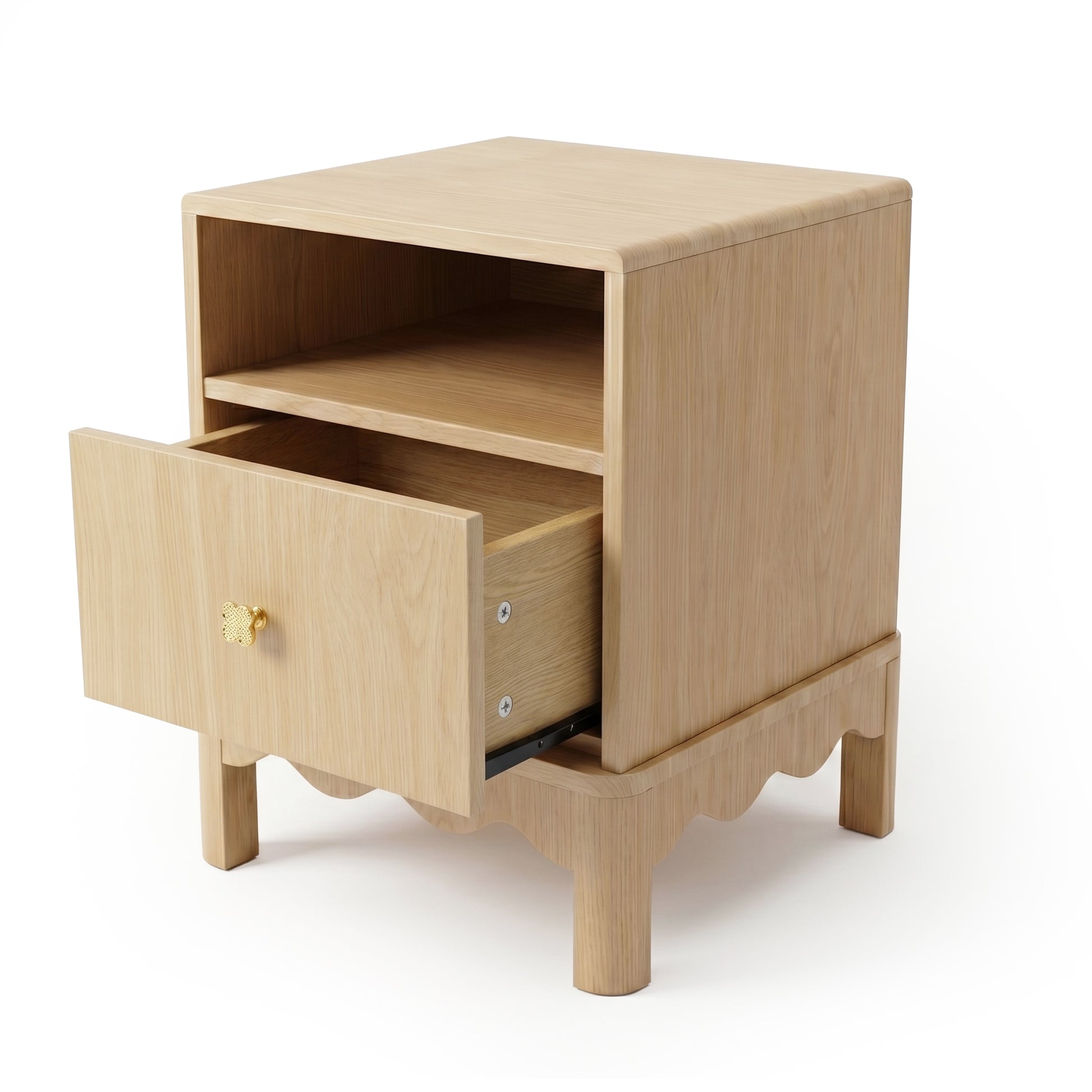 Light wood nightstand with drawer open on white background