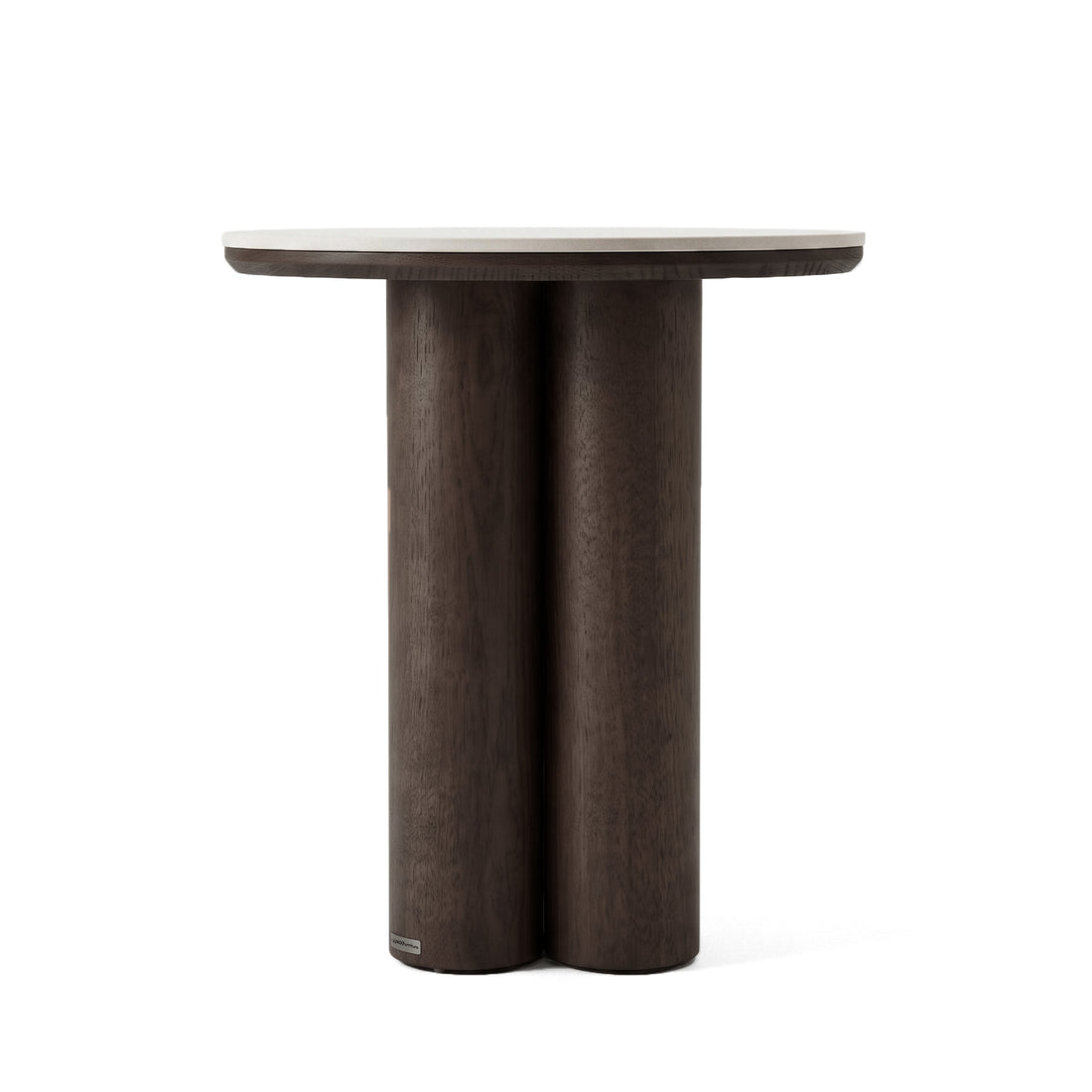 Round dark wood side table on a white background