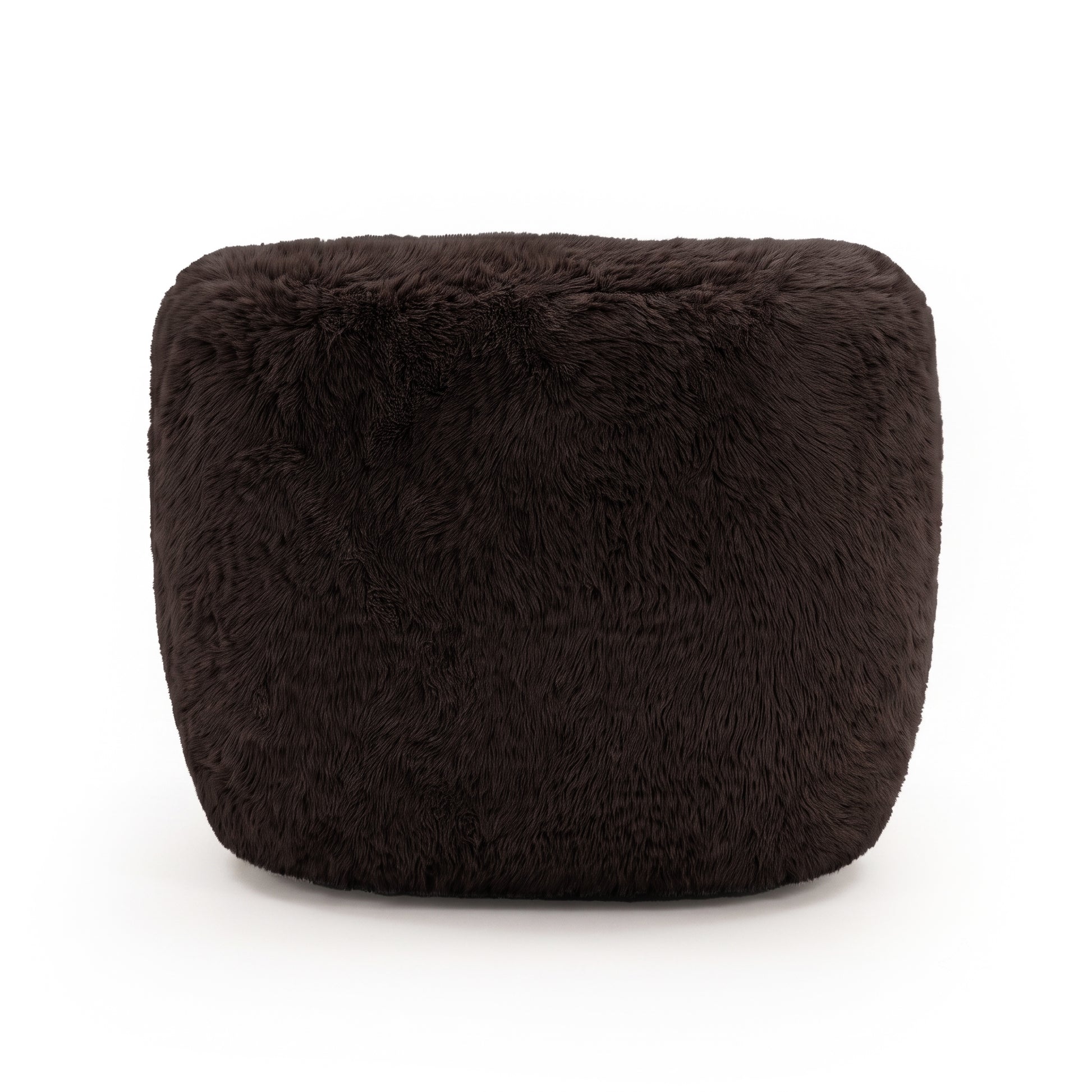 Back view of chocolate brown fuzzy accent chair on a white background
