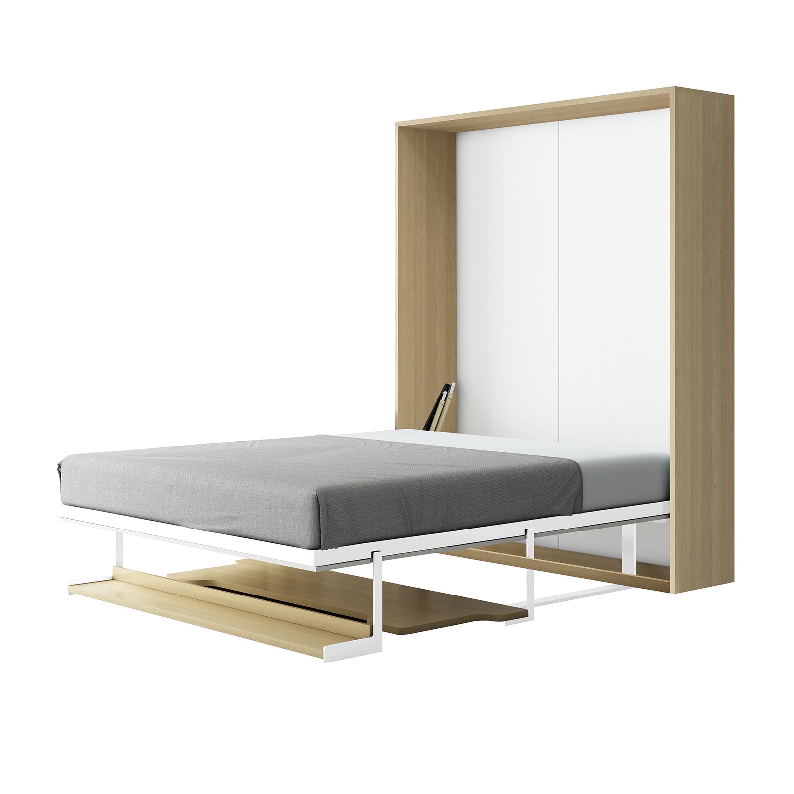 Logan Desk and Foldout Queen Wall Bed White & Natural with a slim wooden cabinet, white metal frame, gray mattress, and pull-out shelf, showcasing a minimalist, space-saving design for modern living.