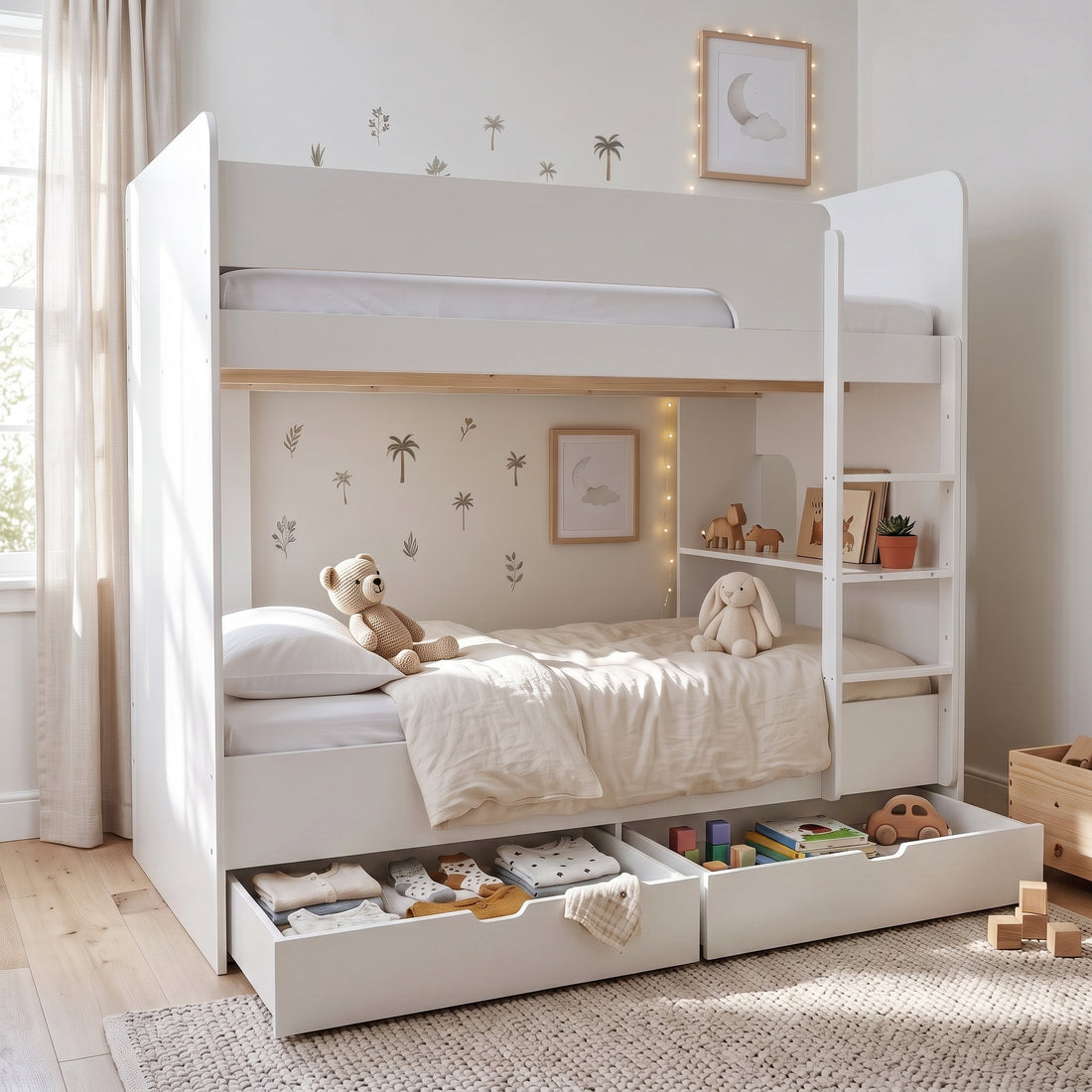 White bunk bed with storage drawers in a decorated children's bedroom