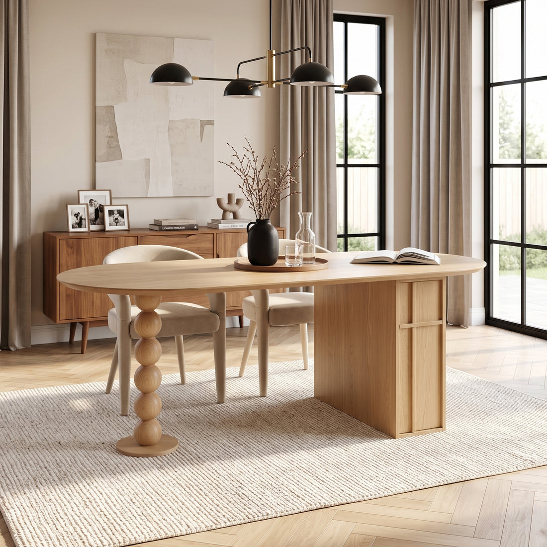 Modern wooden table in a styled room with chairs, rug, and natural light