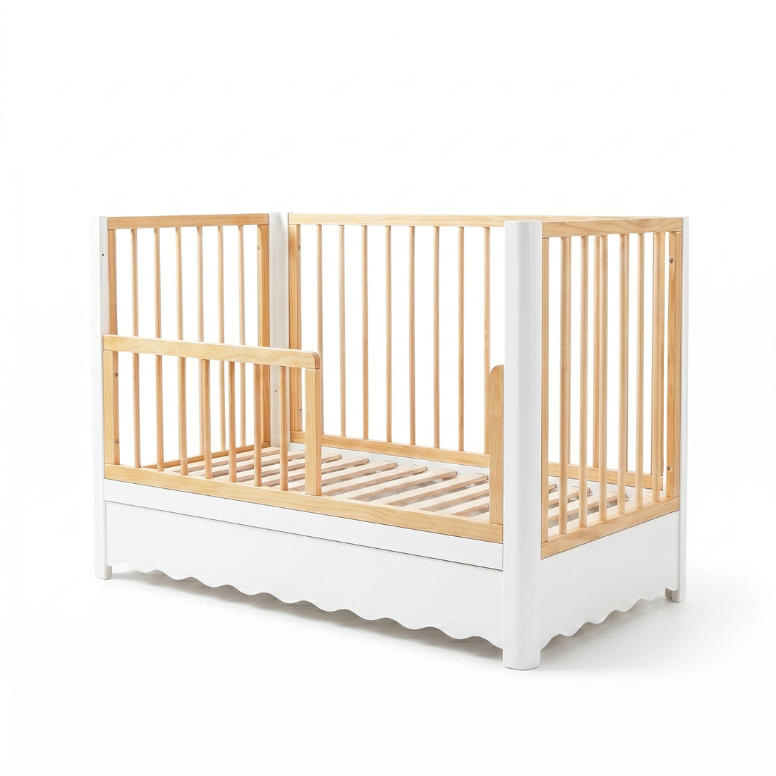 Modern two-tone baby crib with white frame and wood slats on white background