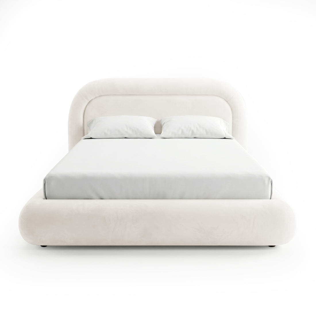 Front view of upholstered bed with pillows on white background