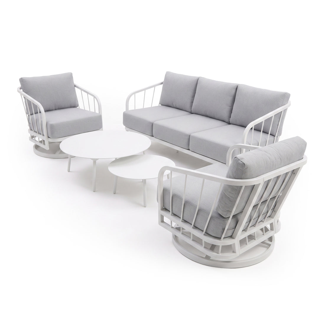 Full outdoor seating set on white background with sofa, armchairs, and round tables