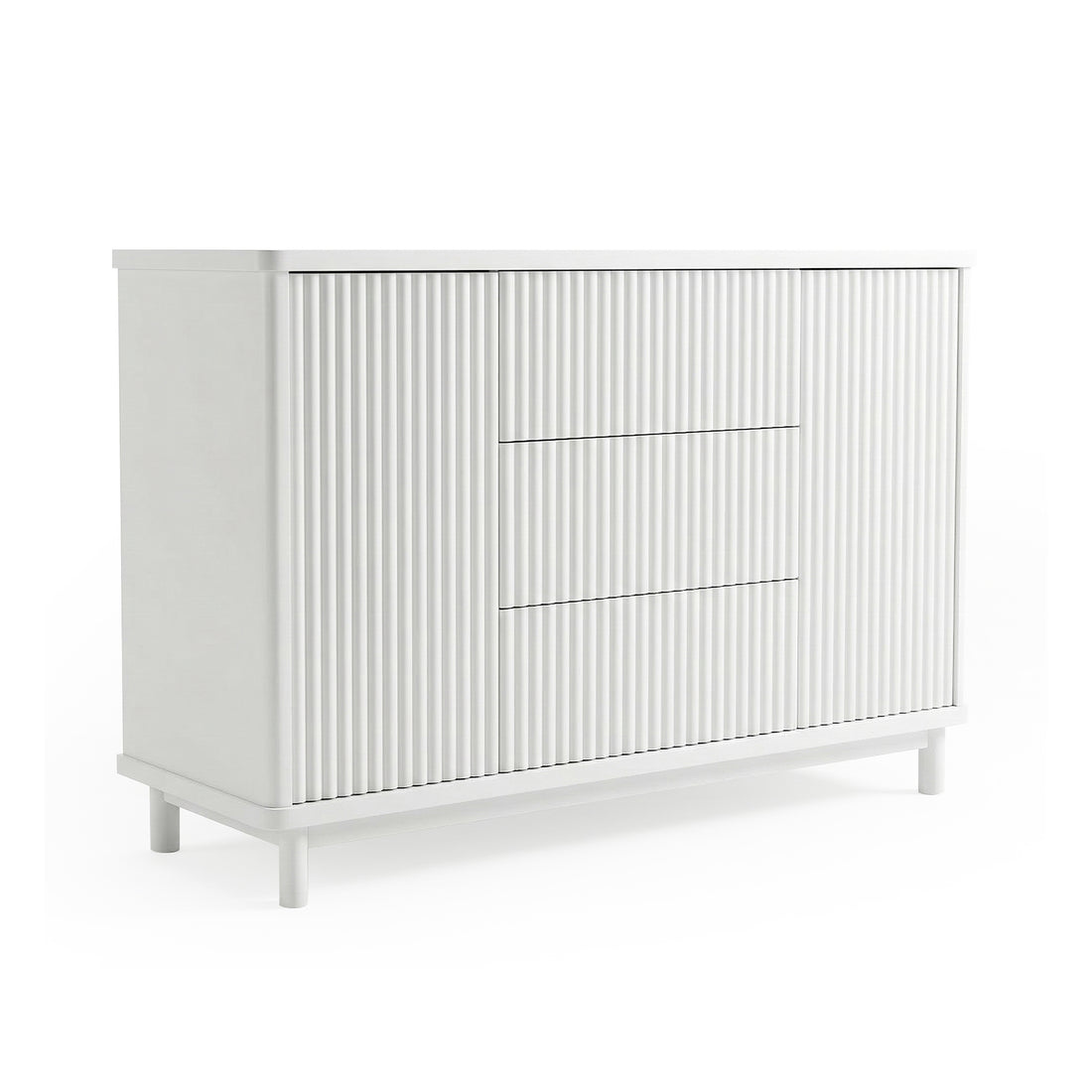 Modern white dresser with grooved front on white background