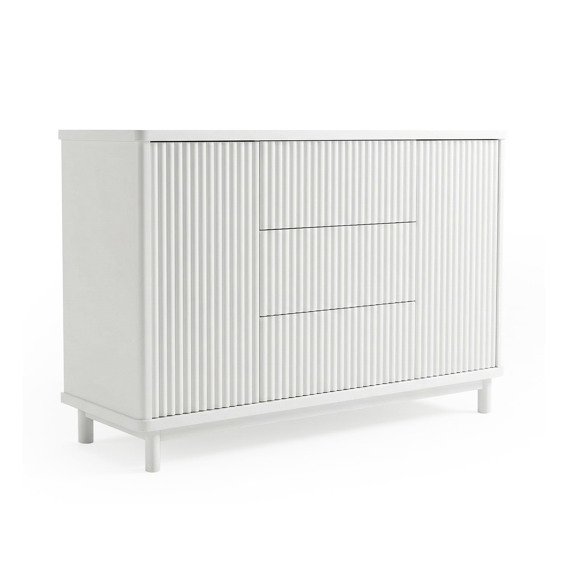 Modern white dresser with grooved front on white background