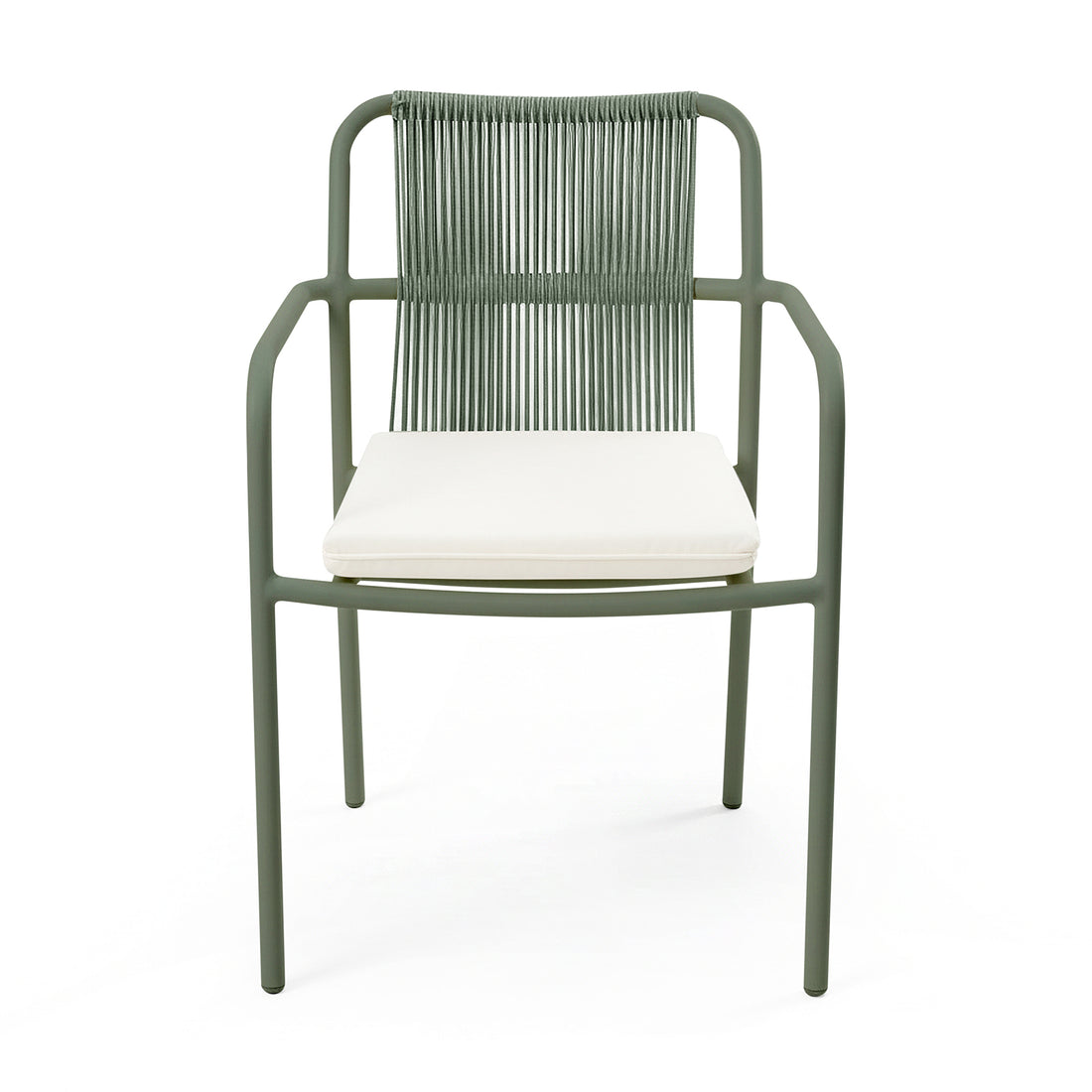 Evone Aluminium Rope Outdoor Dining Chair in Green features a slim metal frame with a corded backrest and a cream cushion, blending modern design with weather-resistant functionality.