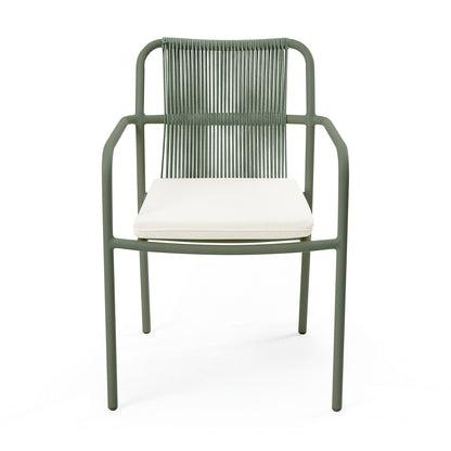 Evone Aluminium Rope Outdoor Dining Chair in Green features a slim metal frame with a corded backrest and a cream cushion, blending modern design with weather-resistant functionality.