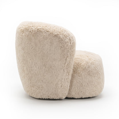 Side view of a beige plush accent chair on a white background