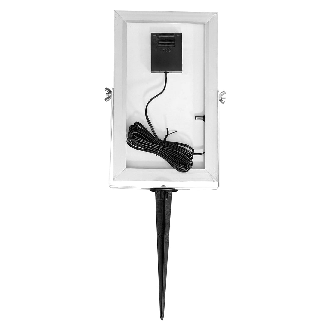 Rear view of the Solar Panel Charger for LED Garden & Pathway Lights, featuring a rectangular metal housing, battery box, wire pigtail, adjustable wing-nuts, and a black plastic ground stake for installation.