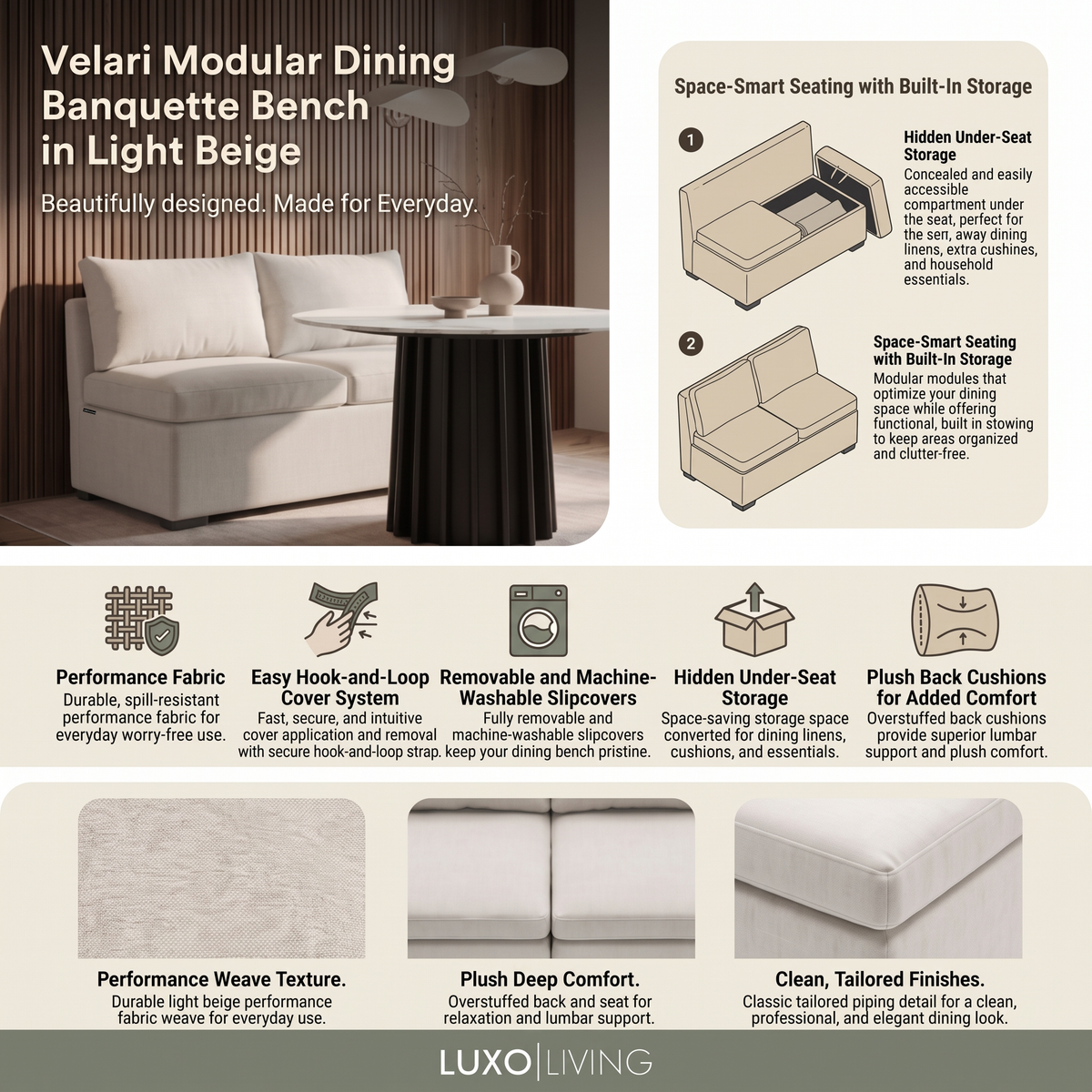 Light beige modular dining banquette styled beside a dining table