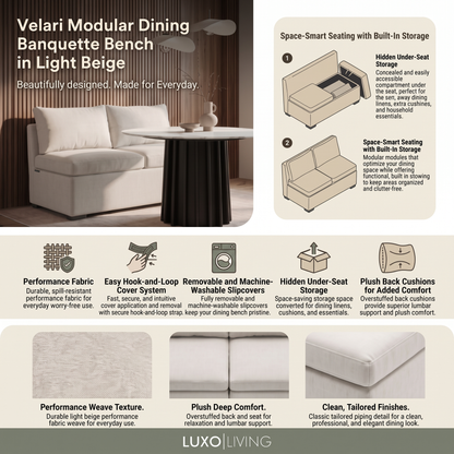 Light beige modular dining banquette styled beside a dining table