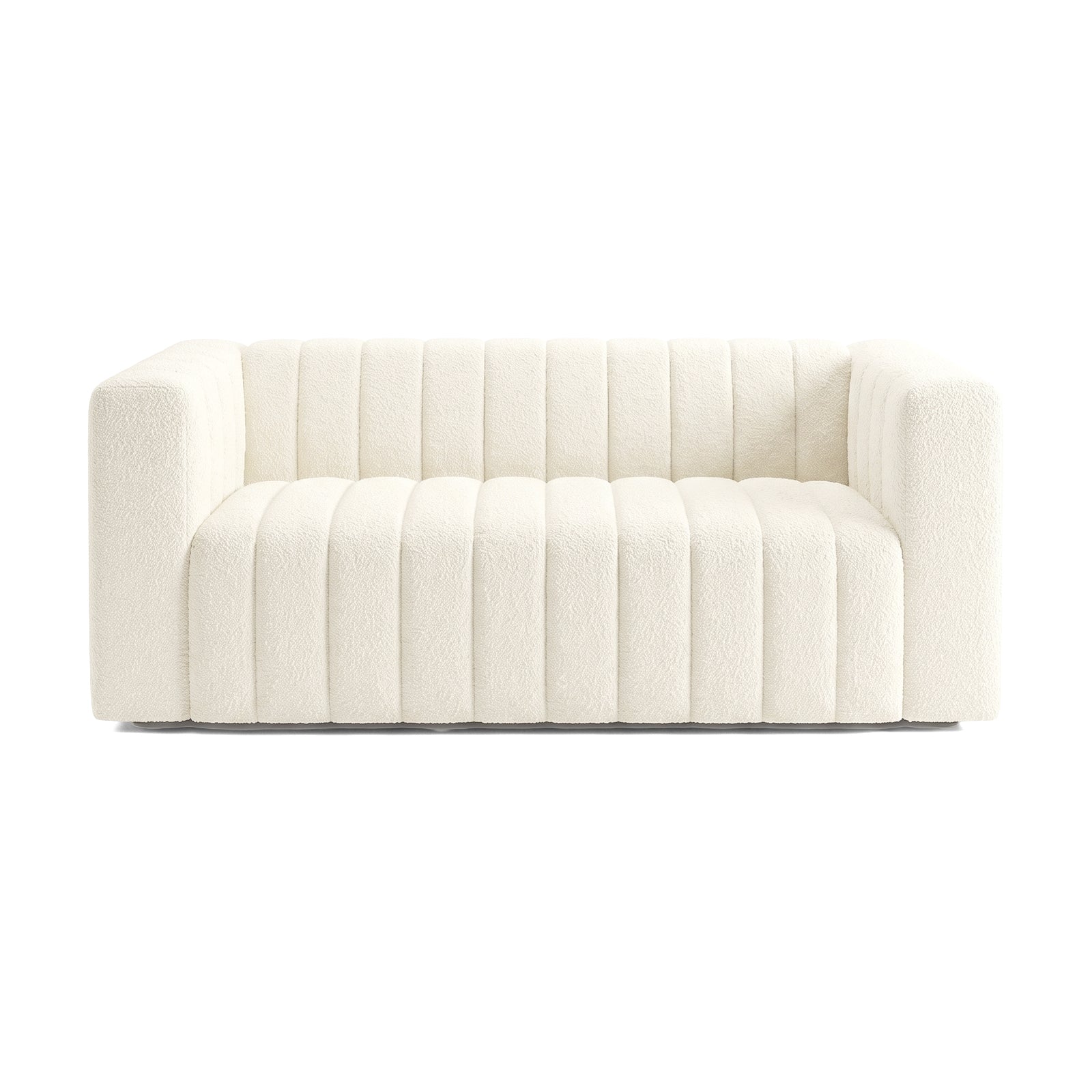 Front view of a cream upholstered sofa on a white background