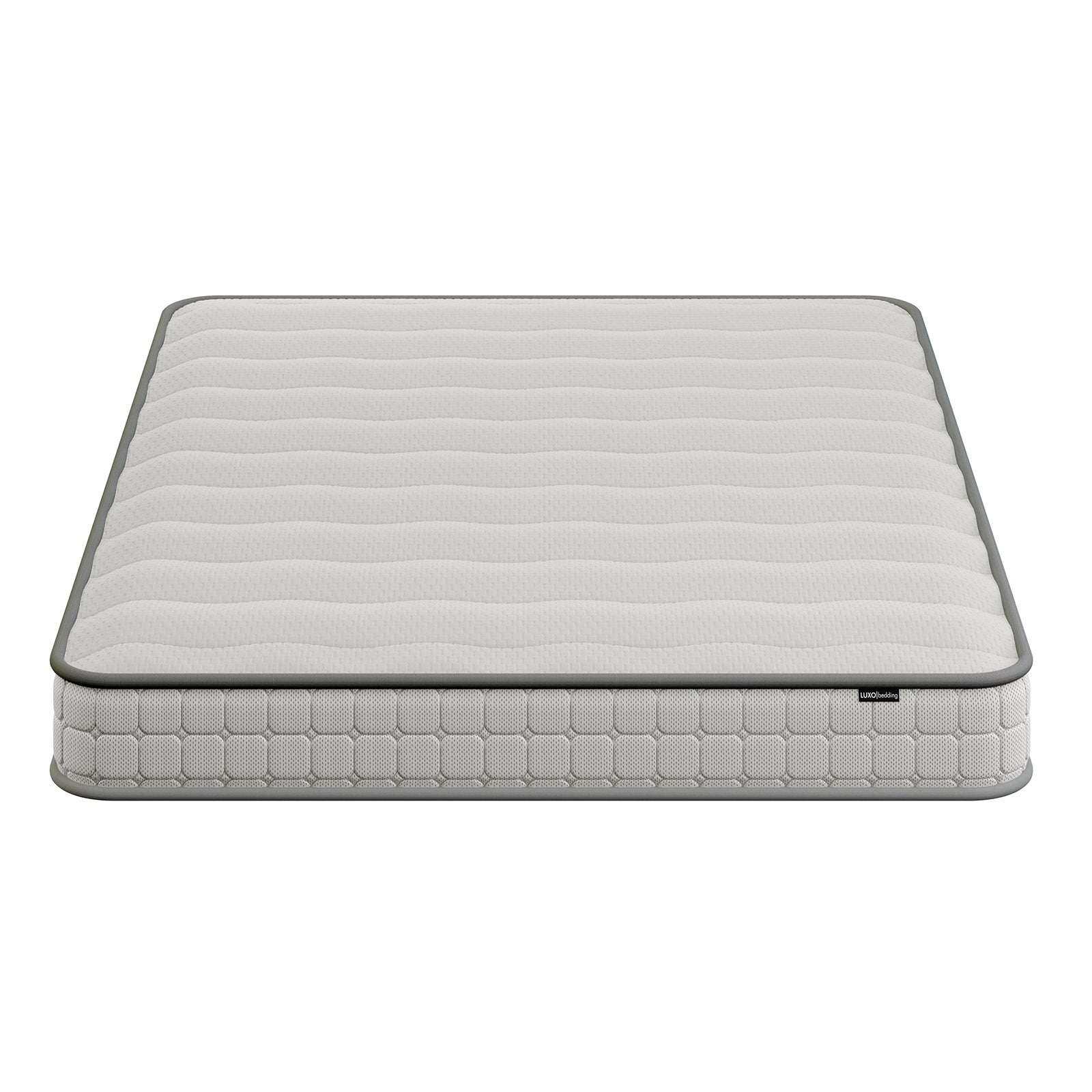 Byron Queen Murphy Bed with Mattress in White & Grey, showcasing a quilted light top with subtle wavy stitching, darker gray piping, and a small fabric brand tag on the side.