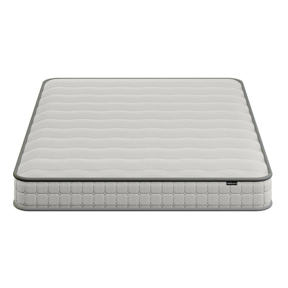 Byron Queen Murphy Bed with Mattress in White & Grey, showcasing a quilted light top with subtle wavy stitching, darker gray piping, and a small fabric brand tag on the side.