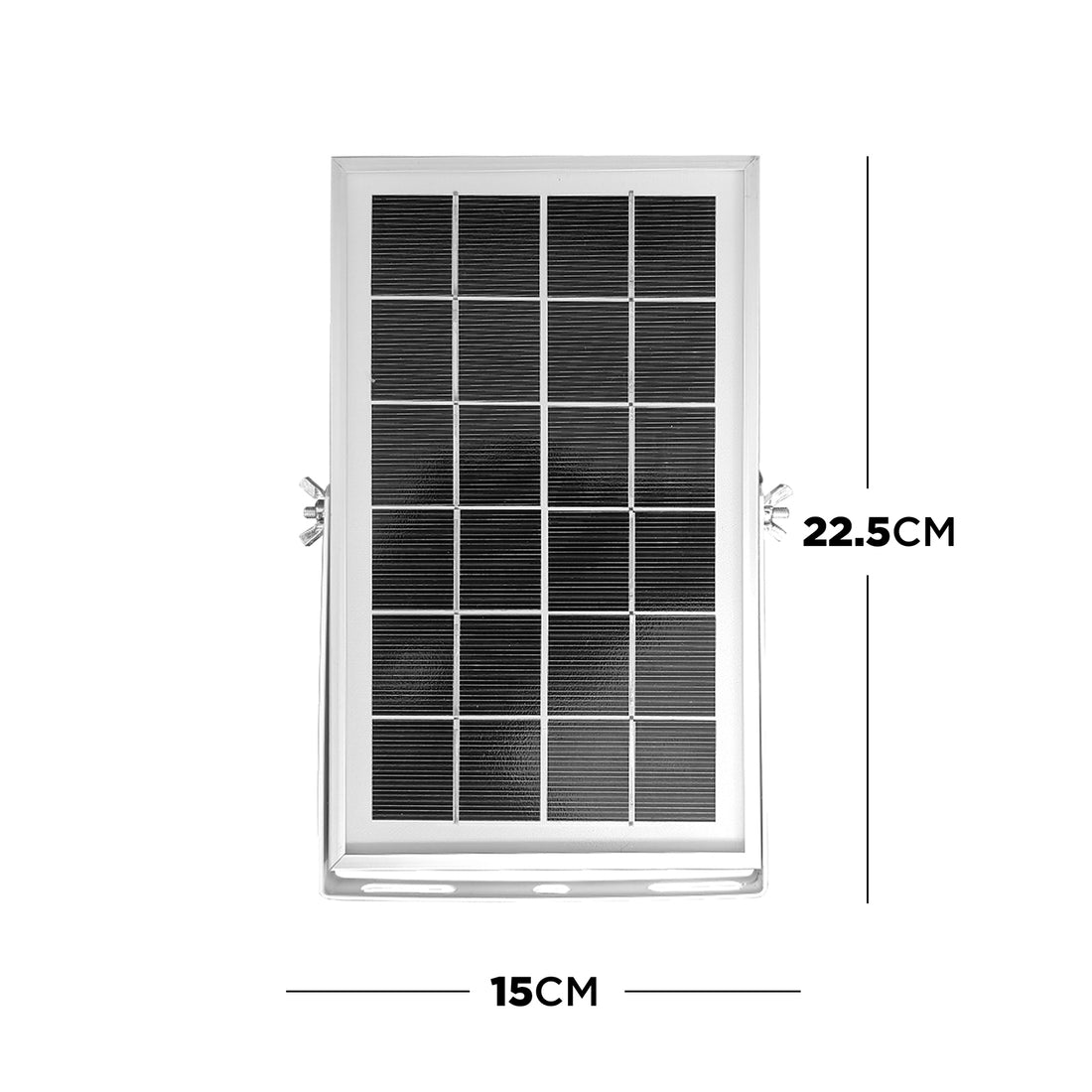 70cm Outdoor Solar LED Bollard Light with a small framed solar panel in an adjustable bracket, showing a grid of solar cells under glass, slim aluminum frame, 15x22.5 cm dimensions.