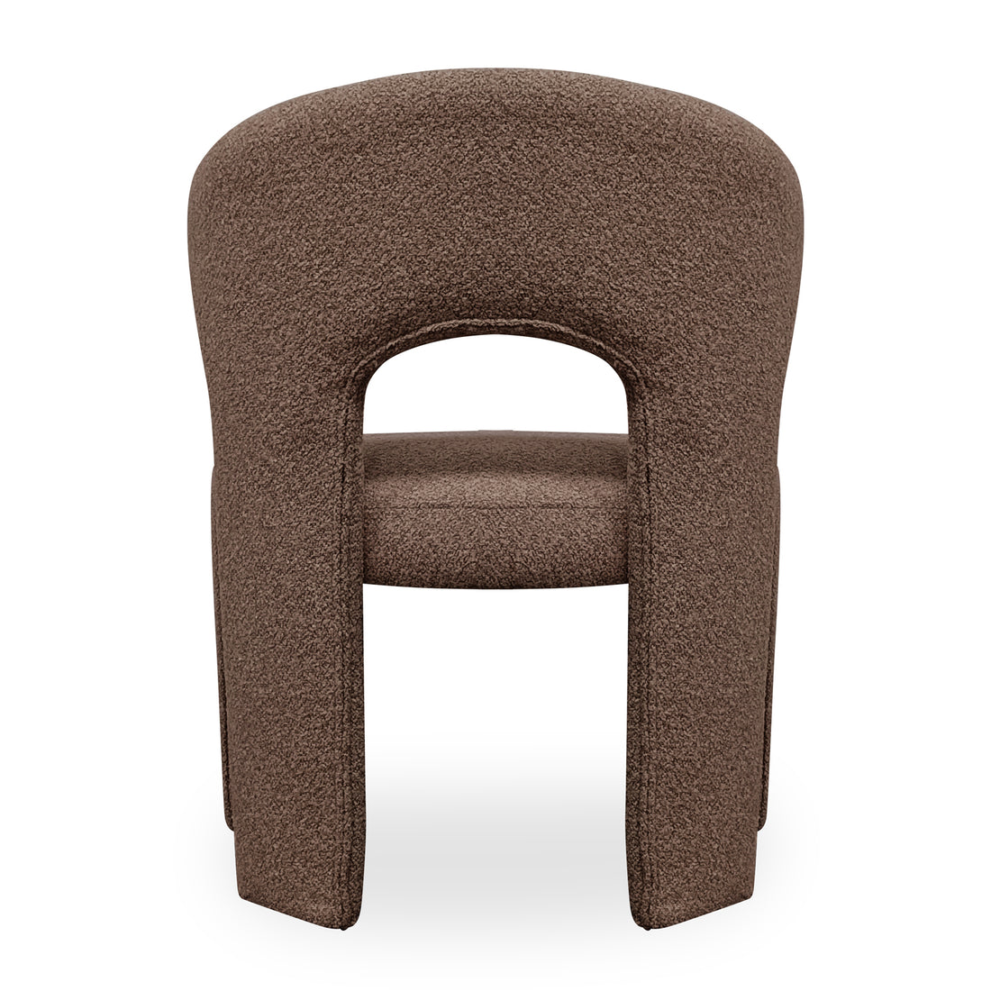 Lunari Bouclé Curved Accent Chair in Brown features a sculptural design with a curved backrest, central cut-out, and U-shaped legs, upholstered in soft bouclé fabric for modern elegance.