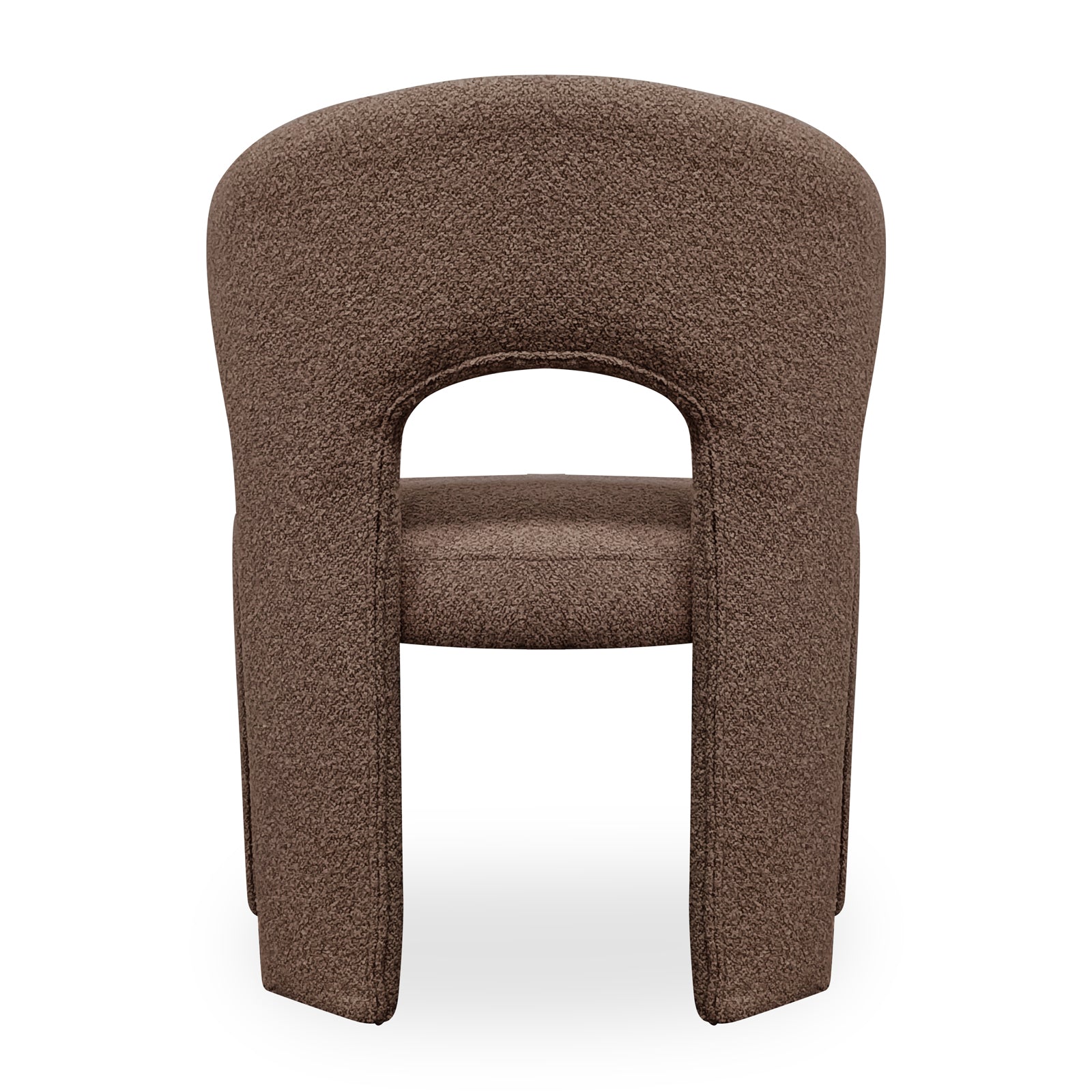 Lunari Bouclé Curved Accent Chair in Brown features a sculptural design with a curved backrest, central cut-out, and U-shaped legs, upholstered in soft bouclé fabric for modern elegance.