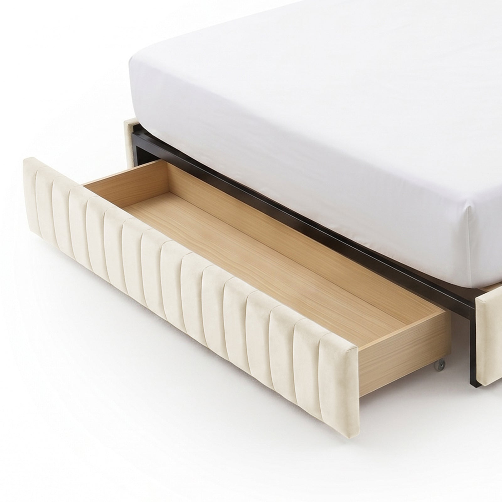 Close-up of under-bed storage drawer extended on white background