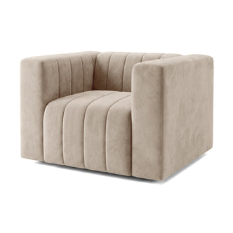 Beige modern armchair shown fully on a white background