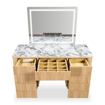 Overhead view of a vanity dresser with open drawers and mirror on a white background