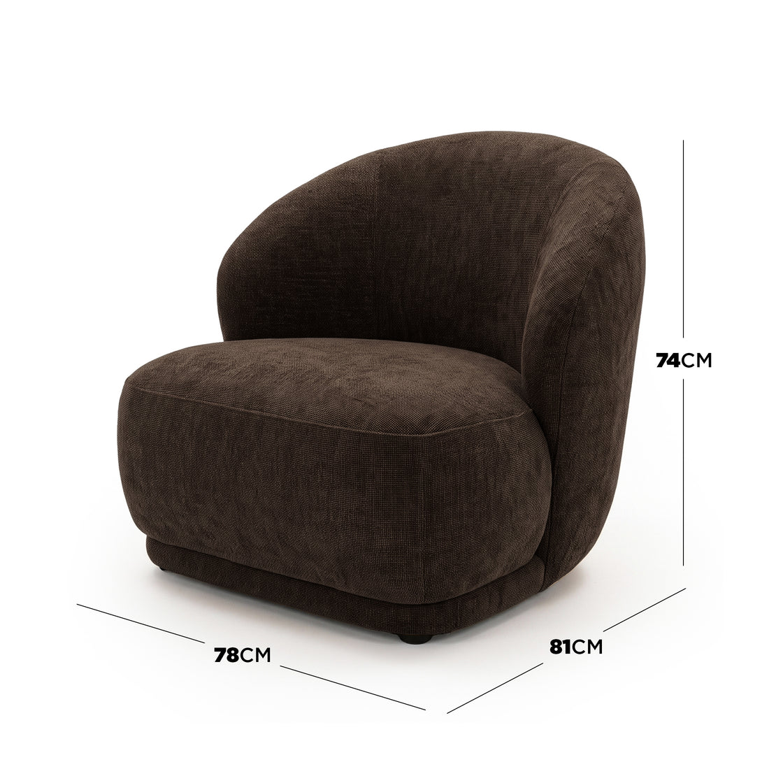 Cocoa brown upholstered accent on a white background with dimensions labeled 74cm high, 78cm deep, and 81cm wide.