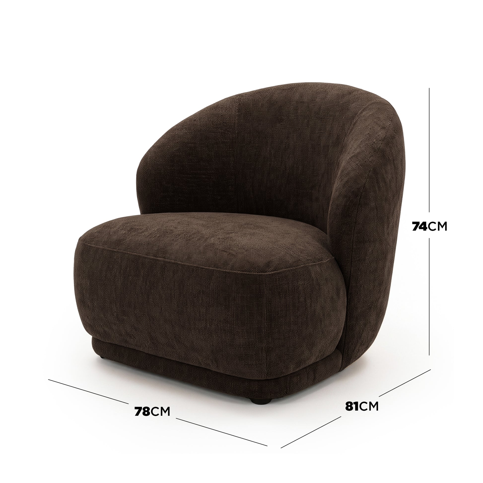 Cocoa brown upholstered accent on a white background with dimensions labeled 74cm high, 78cm deep, and 81cm wide.