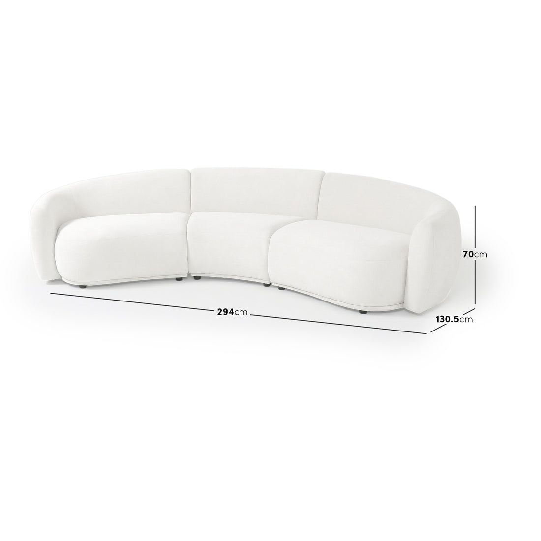 Curved white sofa with dimensions overlay on white background