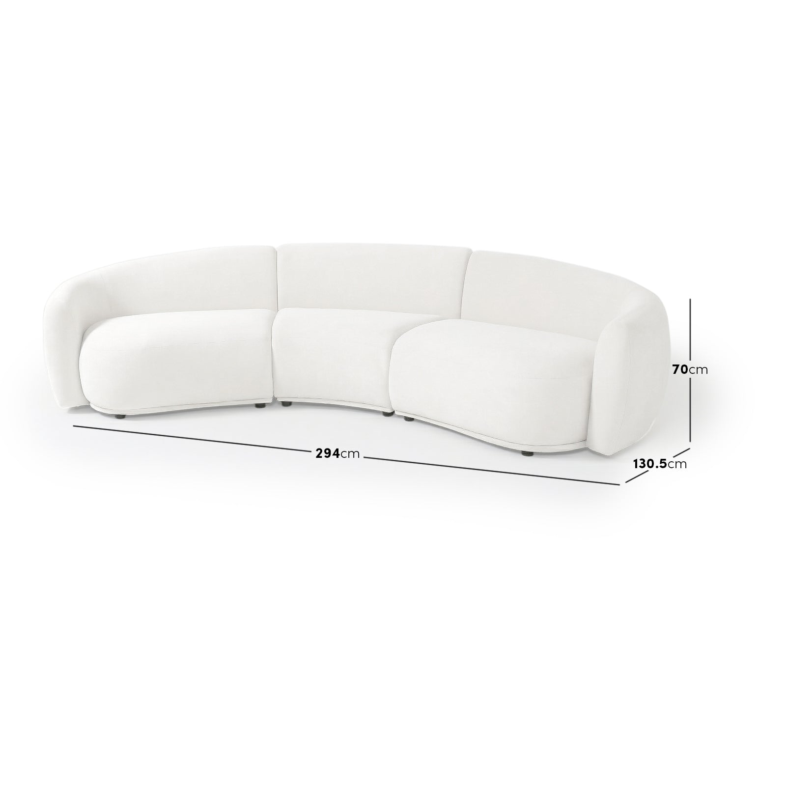 Curved white sofa with dimensions overlay on white background
