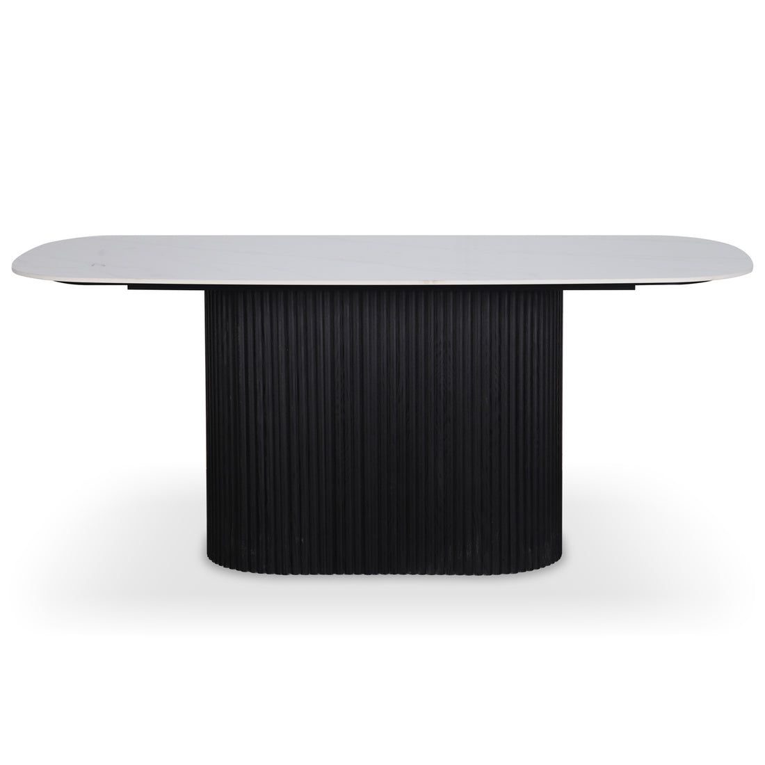 Aeris 180cm Marble Look Dining Table With Wood Base in Black features a white, oval marble-look top on a black, fluted pedestal base, blending modern elegance with practical durability.