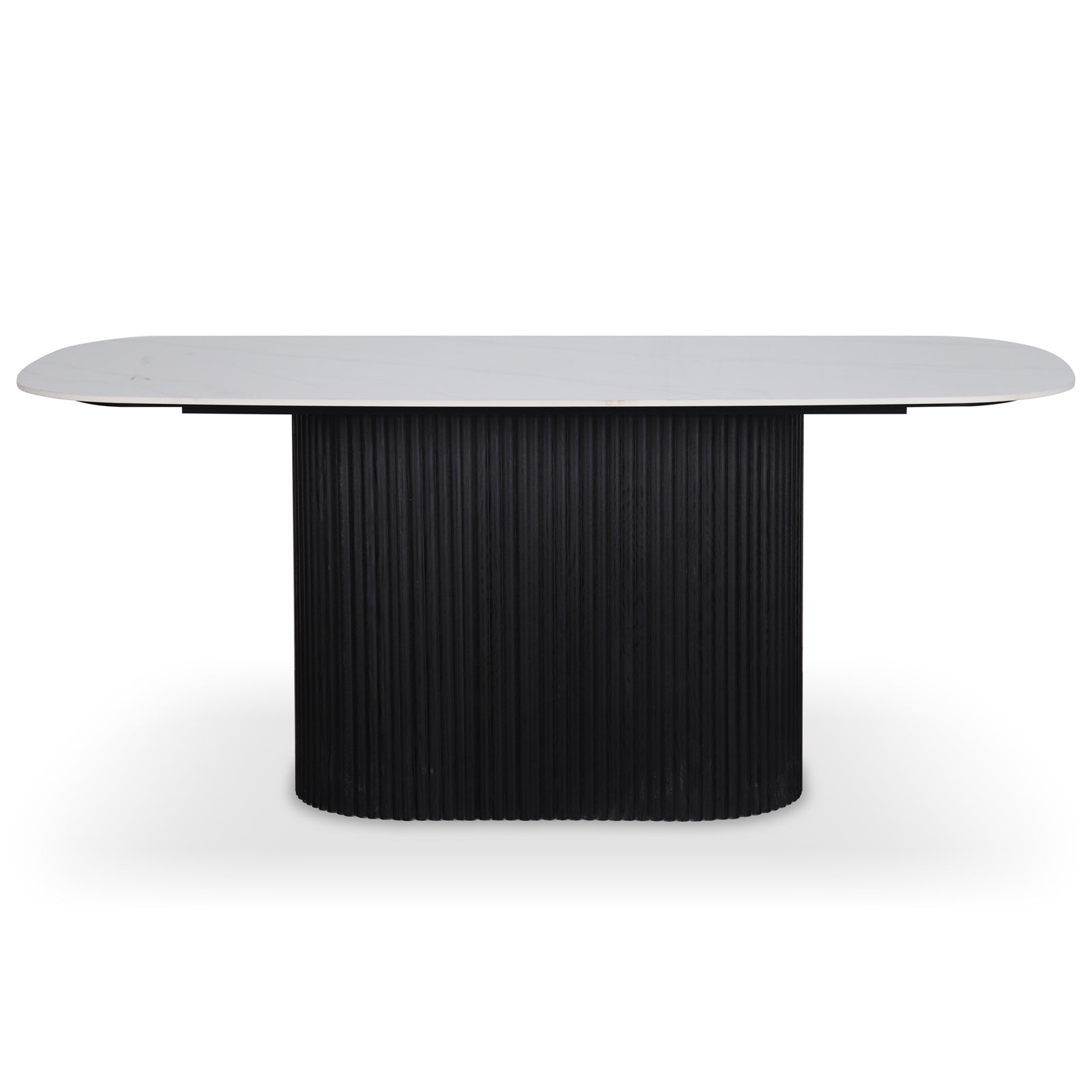 Aeris 180cm Marble Look Dining Table With Wood Base in Black features a white, oval marble-look top on a black, fluted pedestal base, blending modern elegance with practical durability.