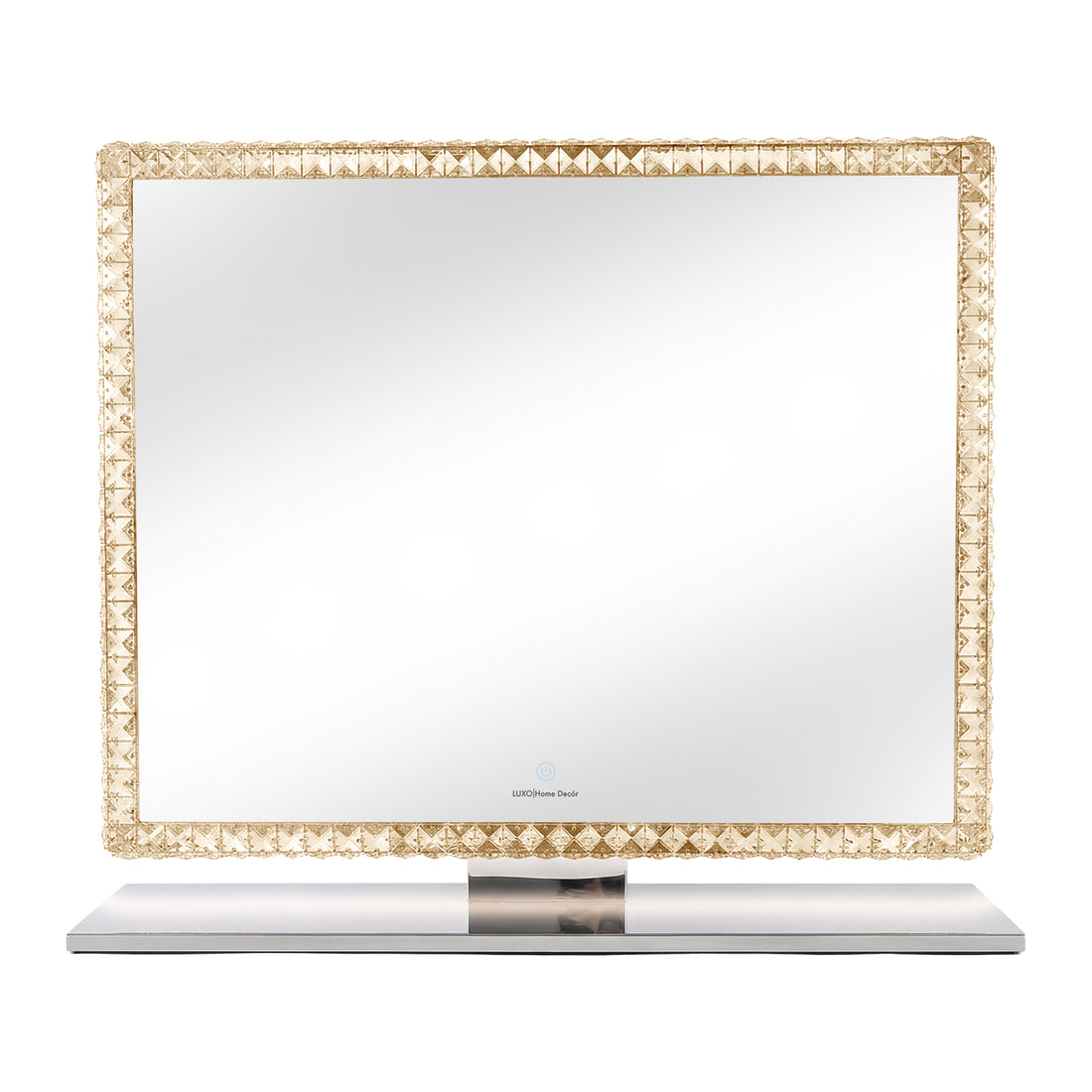 Square mirror with golden decorative faceted frame on white background