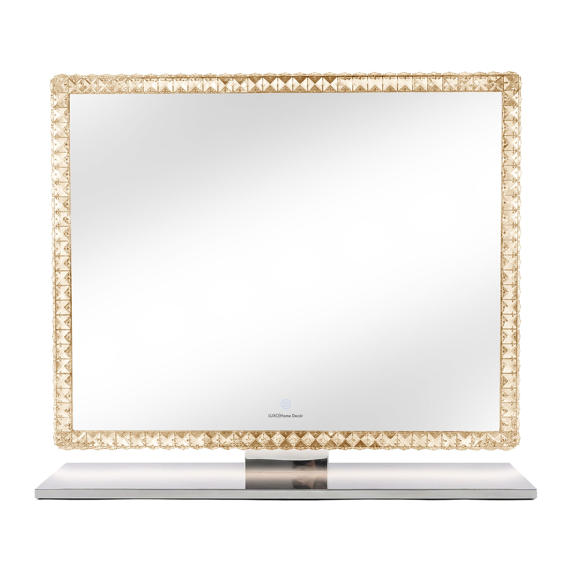 Square mirror with golden decorative faceted frame on white background
