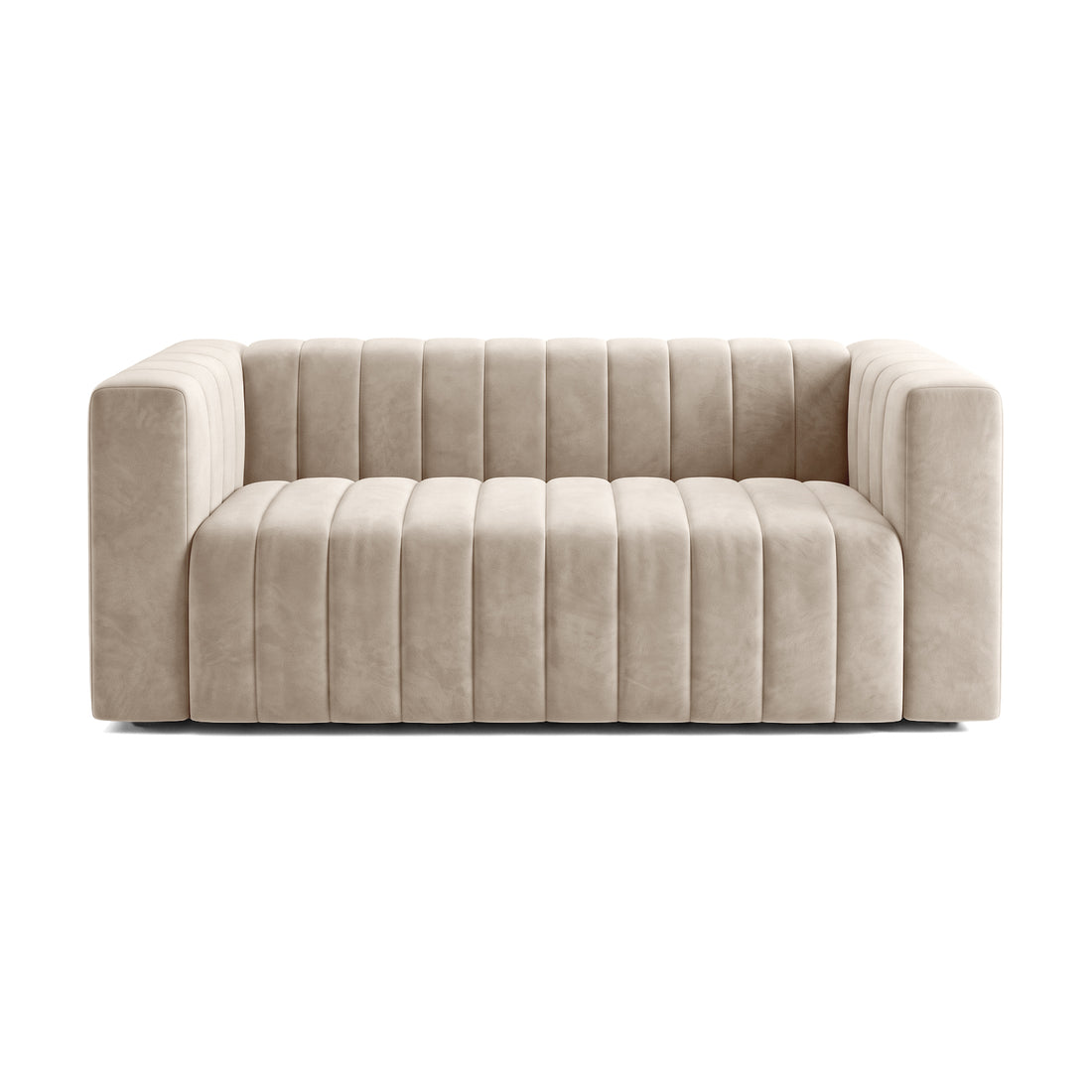 Modern beige sofa fully shown on a white background