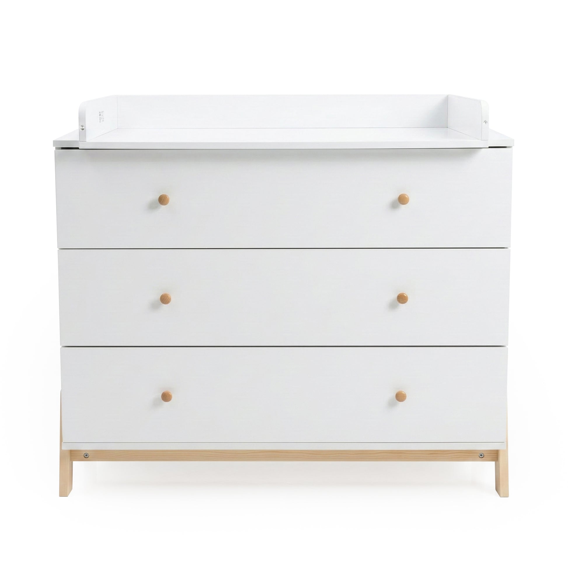 Minimalist white three-drawer dresser with wooden knobs on a white background