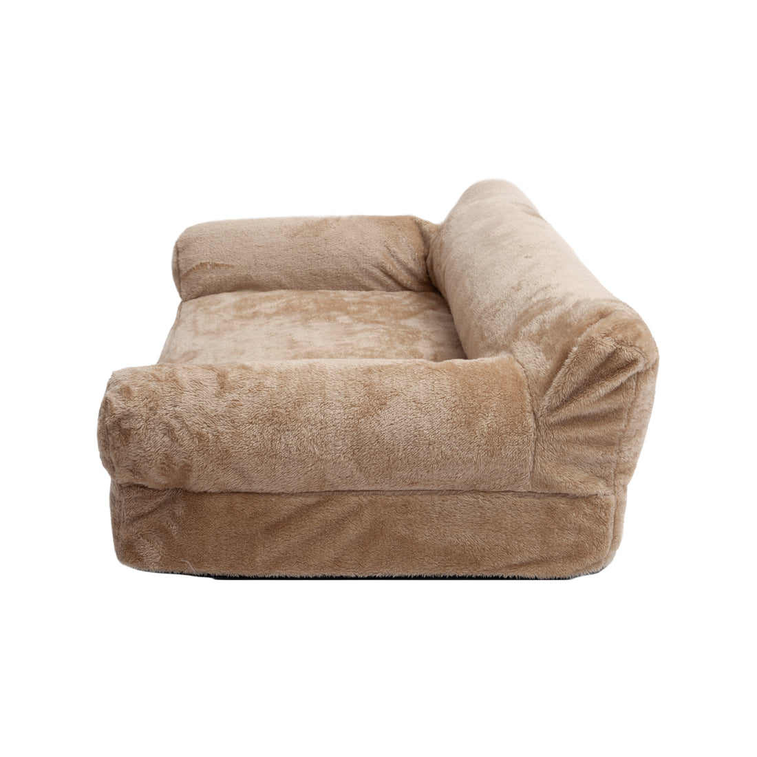 Tan plush rectangular pet bed with raised bolsters on white background, front view
