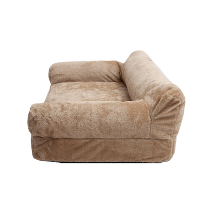 Tan plush rectangular pet bed with raised bolsters on white background, front view