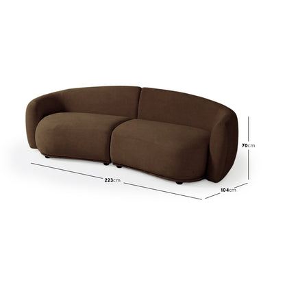 Brown sofa on white background with dimensions marked
