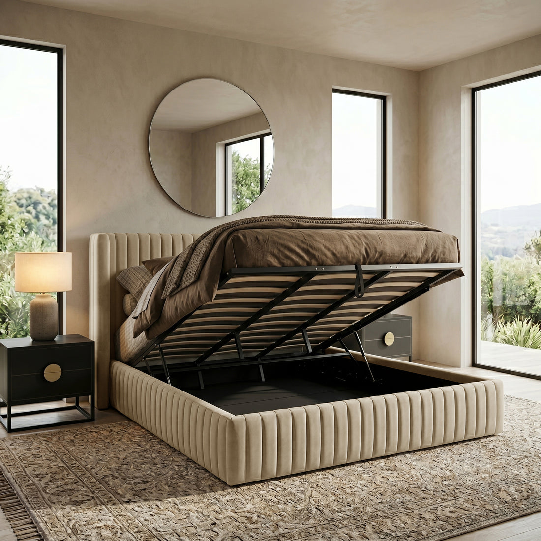 King storage bed with open under-bed compartment in a styled bedroom