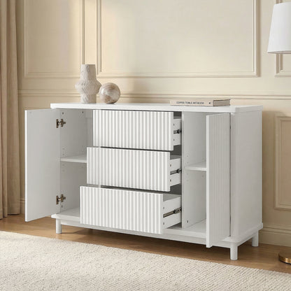 White sideboard with open drawers showcasing storage in lifestyle setting